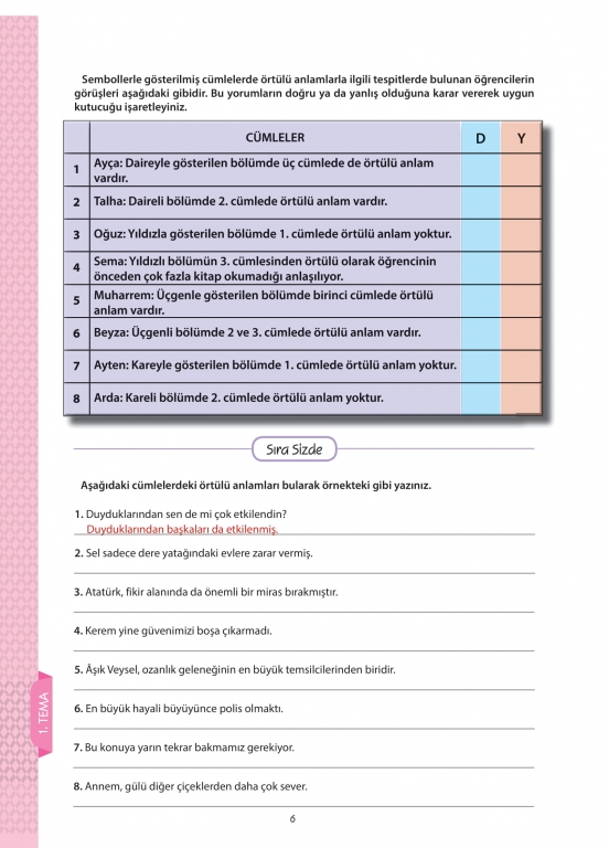 7.Sınıf Türkçe Örtülü Anlamlı Cümleleri Bulma Etkinliği (İkinci Bölüm)